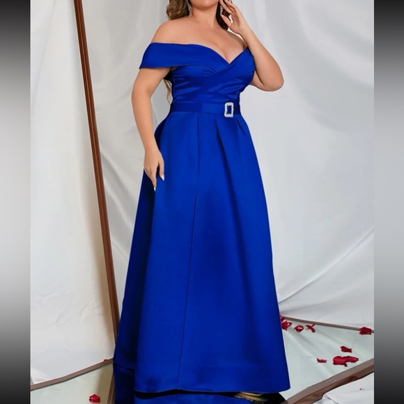 Plus size blue off shoulder party formal evening maxi dress - Picture 2 of 7